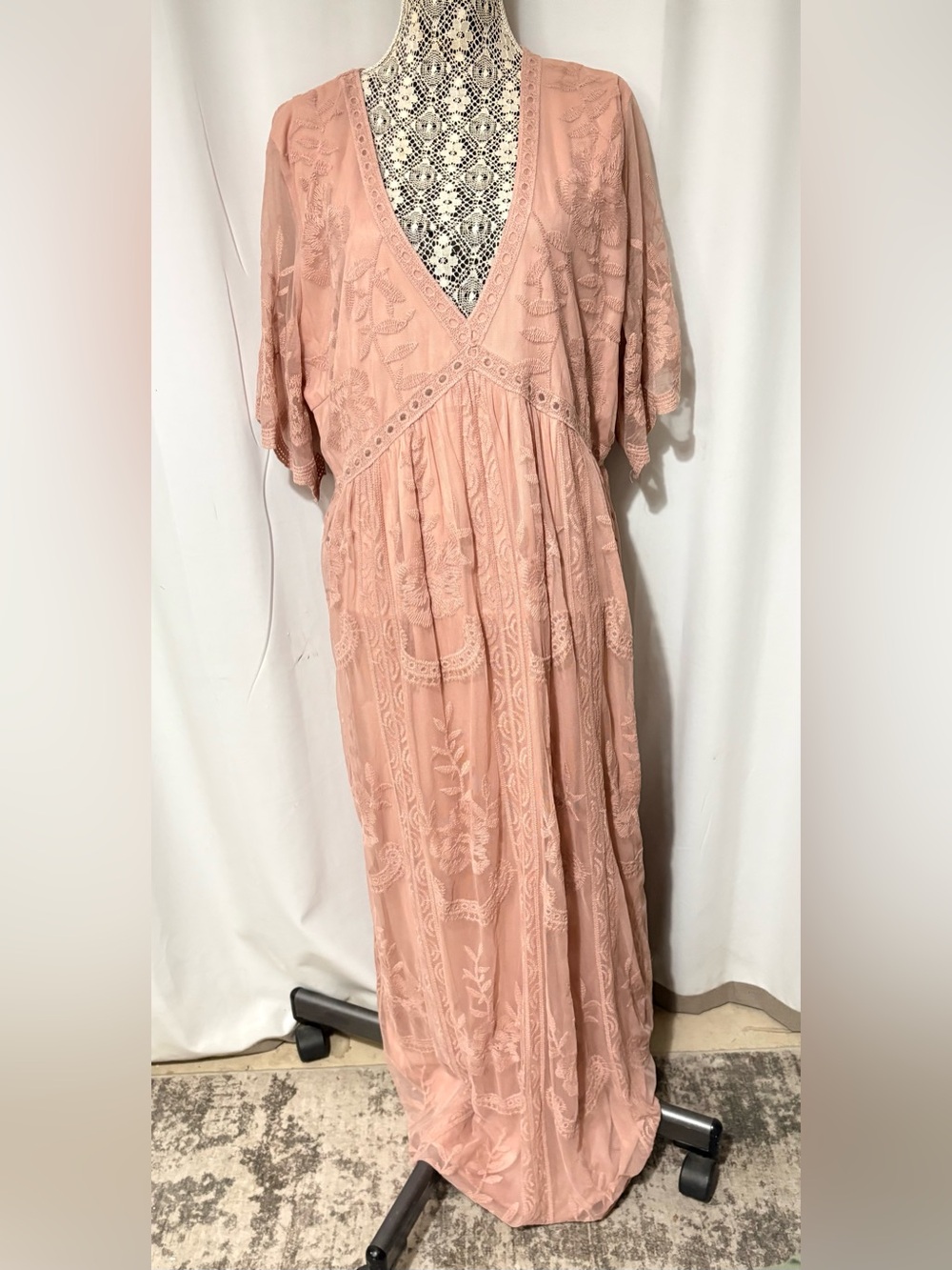 Plus Sz 3X Pink Blush Maternity Maxi Dress Lace Mesh Overlay Lined Dusty Pink
